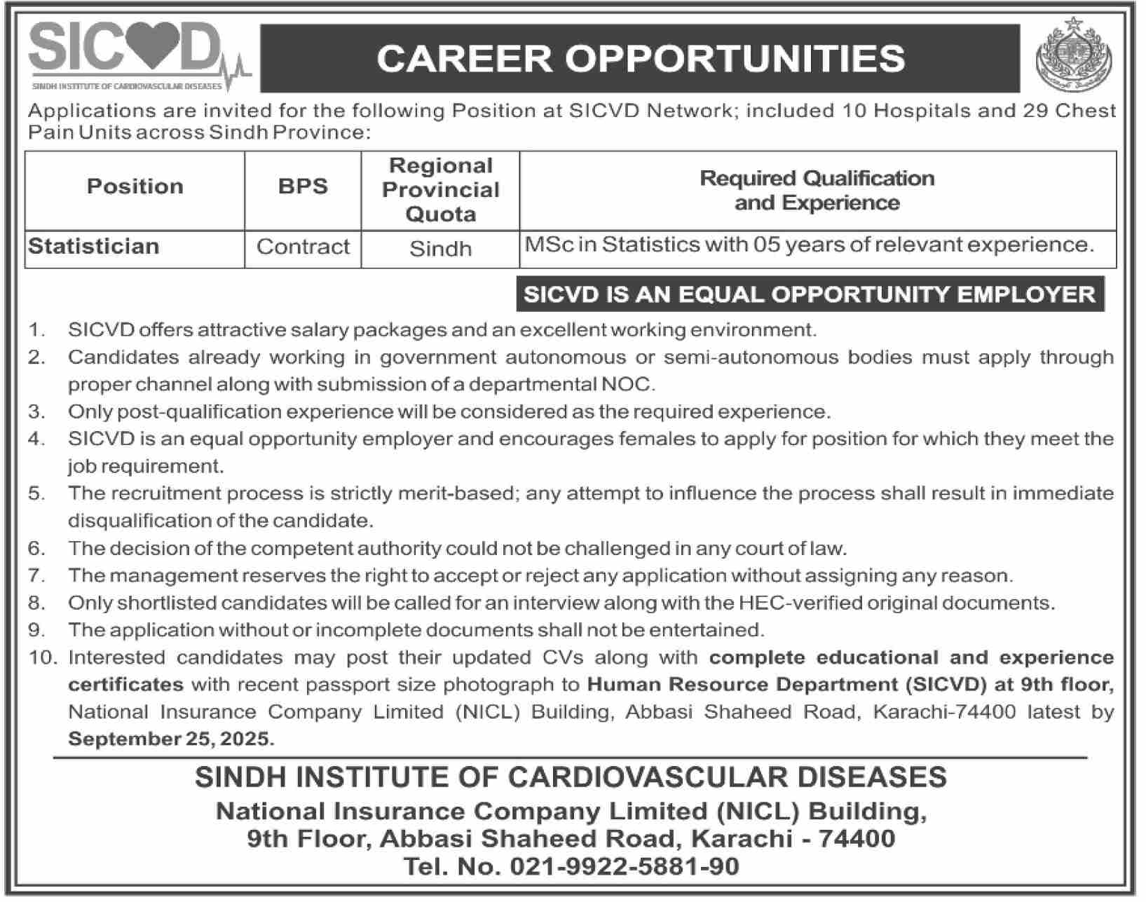 Jobs in Sindh Institute of Cardiovascular Diseases Karachi